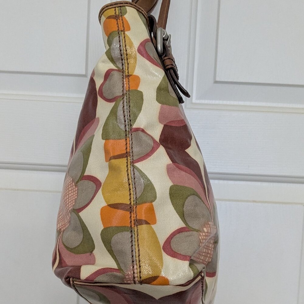 Vintage Fossil KeyPer Vibrant Floral Coated Canvas and Brown Leather Tote Should - Picture 9 of 16